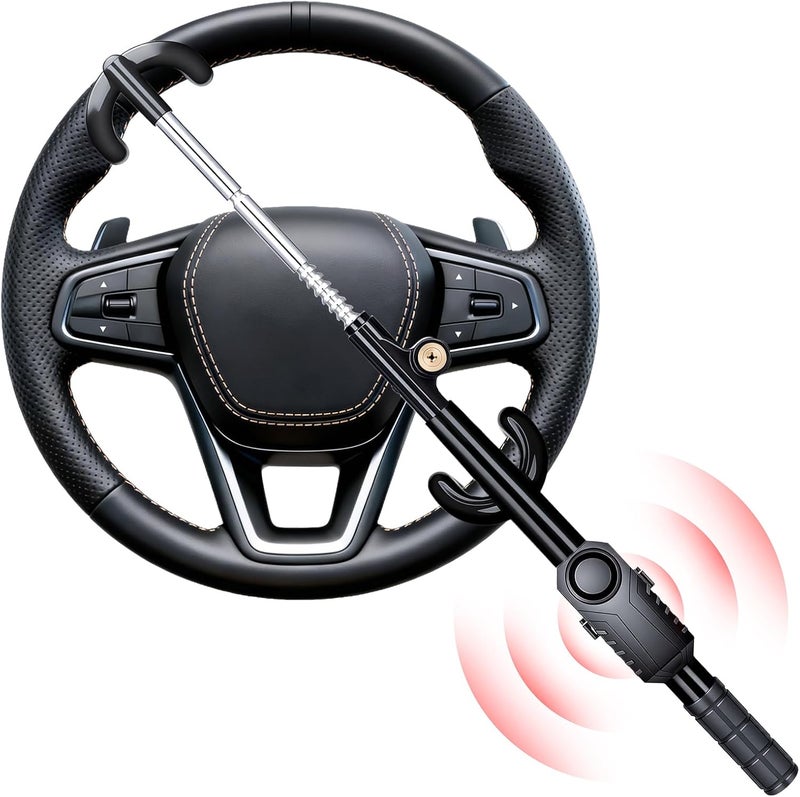 ELECTOP Black Steering Wheel Lock with 113dB Car Alarm Anti-Theft Device Double Hook Car Lock with Adjustable Locking & 2 Keys, Car Alarm System with Motion Sensor for Vehicle Truck Van SUV - Image 1